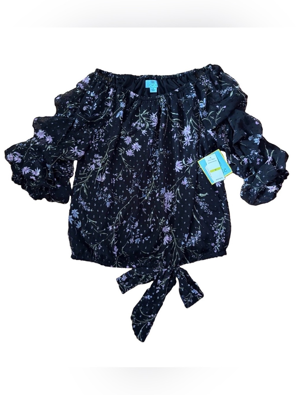 Cece Women’s Floral Textured Blouse With Sheer 3/4 Sleeves - Medium